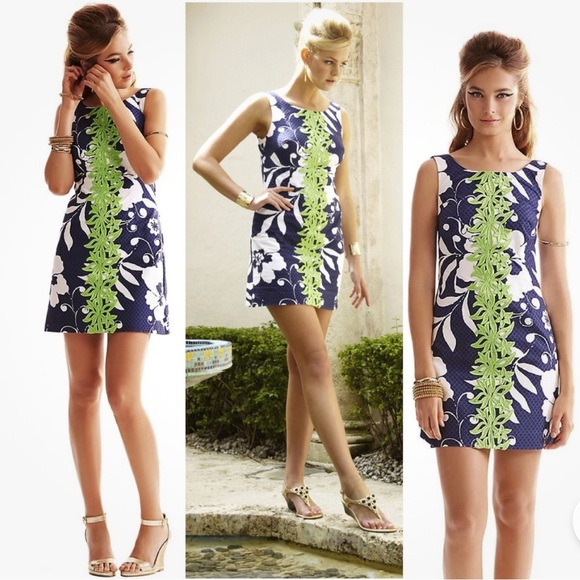 Lilly Pulitzer Dresses & Skirts - 🦜Lilly Pulitzer Delia Bright Navy Johnny B Applied Lace Front Shift Dress Sz 0